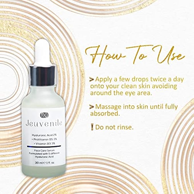 Jeuvenile 2% HYALURONIC ACID FACE SERUM - ANTI-WRINKLE SKIN CARE WITH 3% PROVITAMIN B5 AND 3% VITAMIN B3, ANTI-AGING MOISTURISER SERUM FOR WOMEN AND MEN | ALL SKIN TYPES | 30 ML. - Image 2